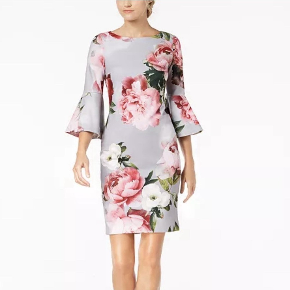 Calvin Klein Gray Pink Floral Bell Sleeve Stretch Crepe Sheath Dress Size 8